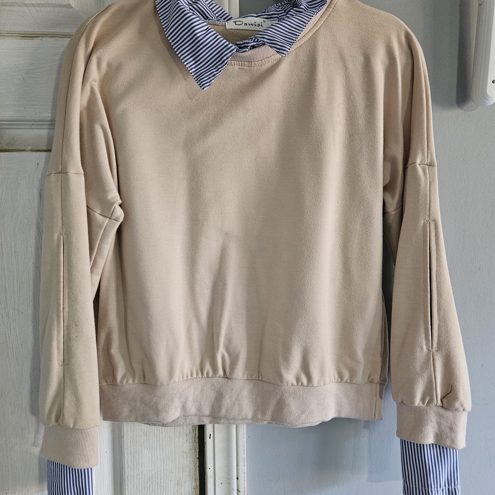 Women's Beige Blouse with Striped Collar